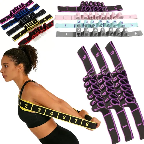 Miniatura 17 de Banda de resistencia de fitness para estiramiento y yoga, banda de resistencia de yoga ajustable de 8 segmentos con asas para brazos, ejercicio