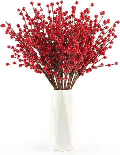 Miniatura 8 de joyhalo Paquete de 12 tallos de bayas rojas, tallos de bayas de acebo de 17 pulgadas, decoración navideña de bayas rojas, púas de bayas rojas