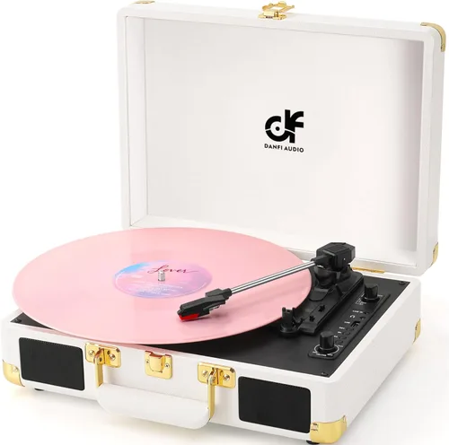 Tocadiscos de vinilo Bluetooth, tocadiscos portátil vintage de 3 velocidades con 2 altavoces integrados, grabación USB, tocadiscos para
