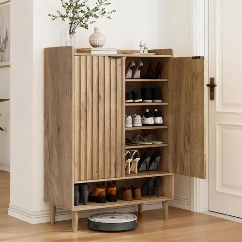 Miniatura 12 de Smuxee Armario de zapatos con 2 cajones abatibles, gabinete de almacenamiento de zapatos oculto natural de 23.6 pulgadas con diseño estriado