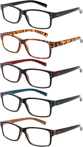 NORPERWIS Gafas de lectura, 5 pares de lentes de calidad con bisagra de resorte para leer para hombres y mujeres (paquete de 5 colores mixtos -2,