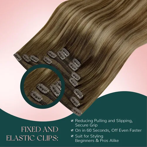 Miniatura 3 de Easyouth Extensiones de cabello humano con clip, color marrón medio que se desvanece a rubio caramelo, extensiones de cabello humano real con clip
