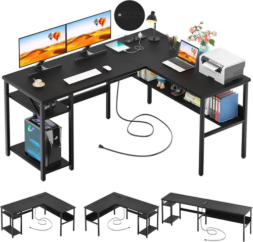 Unikito Escritorio reversible en forma de L con tomas de corriente mágicas y puertos de carga USB, escritorio de esquina resistente para computadora