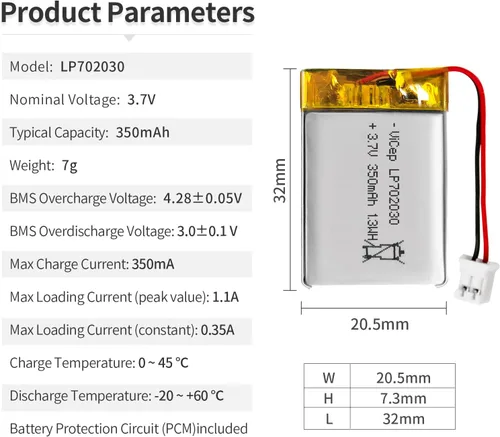 Miniatura 2 de Batería de polímero de litio de 3.7 V 350 mAh 702030 recargable con cables y conector JST-PHR-02 de 2 pines para altavoz Bluetooth y dispositivo