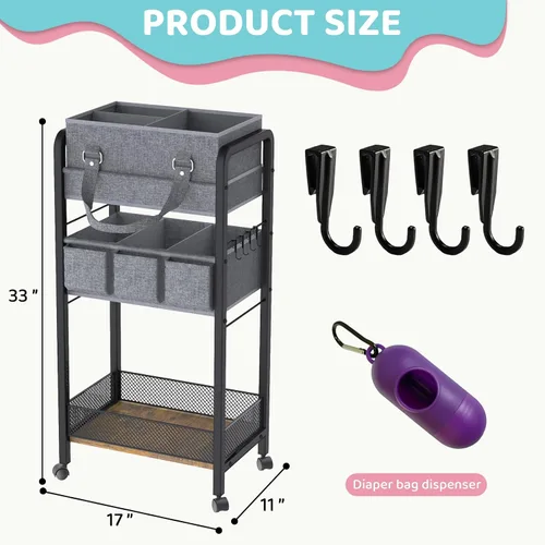 Miniatura 2 de Organizador de Pañales para Bebé 2 en 1 - Carrito de Almacenamiento Rodante de 3 Niveles con Divisores - Carrito de Pañales de Cabecera para Negro