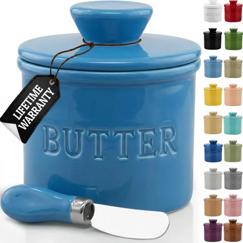 Miniatura 37 de PriorityChef - Mantequera con tapa con línea de agua, plato de mantequilla francesa de cerámica para dejar en la encimera, color caqui