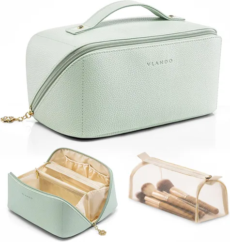 Miniatura 18 de Vlando Bolsa de maquillaje de viaje, neceser para mujer, piel sintética, abierta, plana, bolsa de maquillaje, Clásico elegante