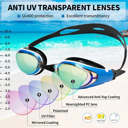 Miniatura 2 de Body+ Gafas de natación para miopes, gafas de natación con lentes ópticas con espejo/sin espejo para miopía, antivaho para hombres y mujeres adultos