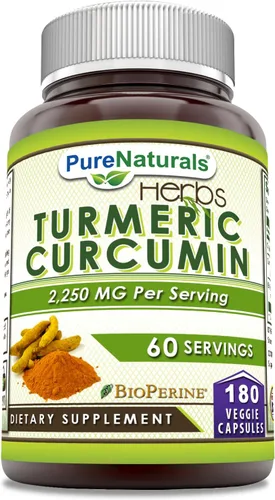 Pure Naturals Curcumina de cúrcuma con bioperina 2250 mg por porción suplemento | Cápsulas vegetales | Sin OMG | Sin gluten | Fabricado en Estados