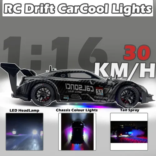 Miniatura 3 de HTURCCOP 1:16 RC Drift Car 2.4GHz Spray 4WD Luces LED de Alta Velocidad de Control Remoto de 30+KM/H 2 Baterías 60Min Velocidad Variable