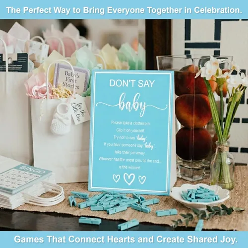 Miniatura 7 de Juegos de baby shower para niños, juego de Don't Say Baby Game, 1 letrero y 52 mini pines azules para ropa, juego de pinzas para ropa de baby shower
