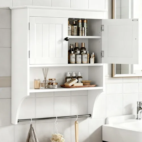 Miniatura 10 de Bealife - Gabinete de baño montado en la pared con barra para toallas y estantes ajustables, gabinete de almacenamiento sobre el inodoro, gabinete