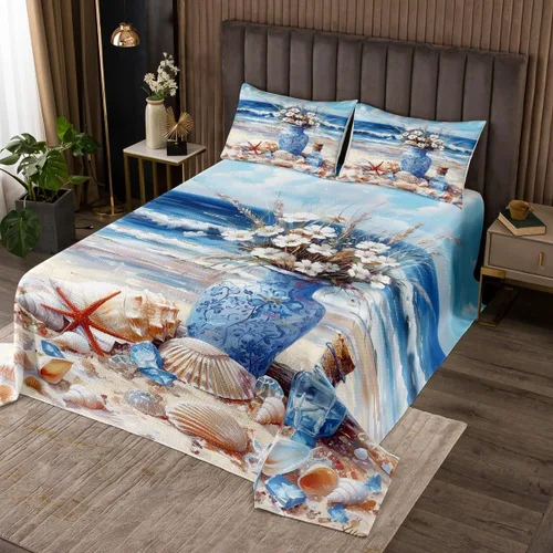 Miniatura 29 de Erosebridal Juego de colcha náutica, juego de edredón de lancha de vela, faro, acuarela con temática oceánica, juego de ropa de cama de verano