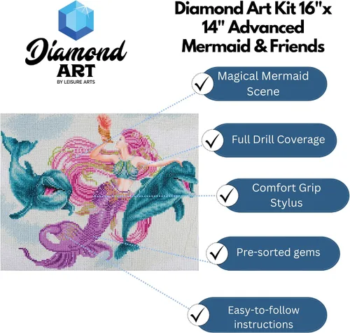 Miniatura 2 de DIAMOND ART BY LEISURE ARTS Kits de pintura de diamantes para adultos de 14 x 16 pulgadas, sirena avanzada y amigos, taladro completo, kits de arte
