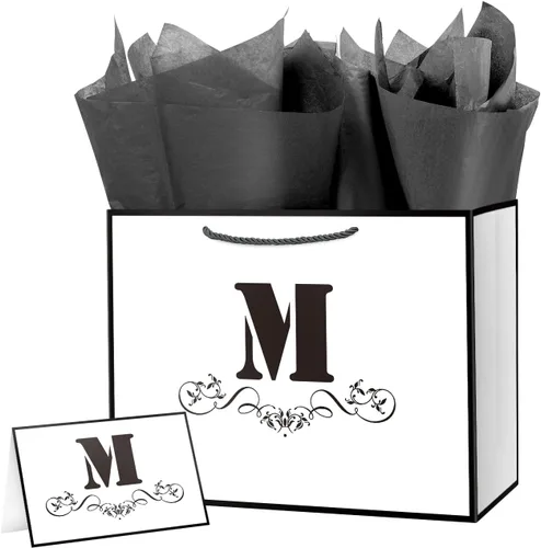 Miniatura 30 de ysmile Bolsa de regalo de letras con papel de seda para hombres, bolsa grande de 12 pulgadas, color blanco y negro, para cumpleaños, aniversario