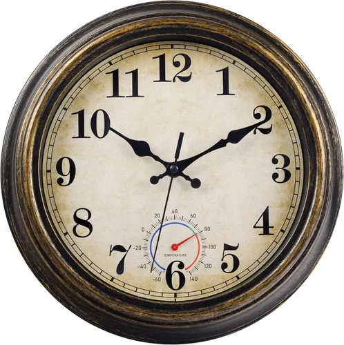 Miniatura 11 de Relojes para exteriores impermeables con termómetro, reloj de pared costero rústico para patio, piscina, jardín (12 pulgadas, azul)