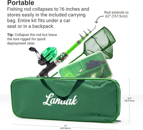 Miniatura 3 de Lanaak Caña de Pescar para Niños, Juego de Caña de Pescar Telescópica Portátil para Niños, Kit Combo de Caja de Aparejos y Red de Pesca, Equipo