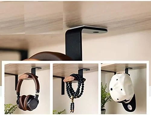 Miniatura 5 de KiaoTime Soporte para colgar auriculares, soporte para auriculares de madera de nogal, ajuste universal (montaje debajo del escritorio)
