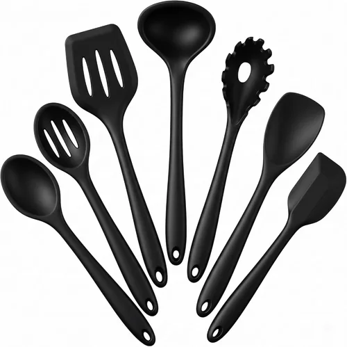 E-far - Juego de utensilios de cocina de silicona, 7 piezas en color negro, utensilios de cocina resistentes al calor, utensilios de cocina
