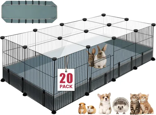 Corral para animales pequeños de 20 paneles, corral para mascotas de 48" x 24" x 16" con alfombrilla impermeable, jaula C&C para conejillos de Negro