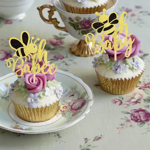Miniatura 3 de 24 piezas de adornos para cupcakes Bee Oh Baby con purpurina dorada Bumble Bee Oh Babee, palillos para cupcakes con tema de bumble bee para baby