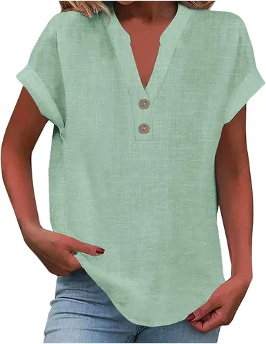 Miniatura 29 de Camisas de lino para mujer 2025 verano casual cuello en V botón abajo manga corta tops moda cómodo negocio trabajo blusas, beige (A-Beige)