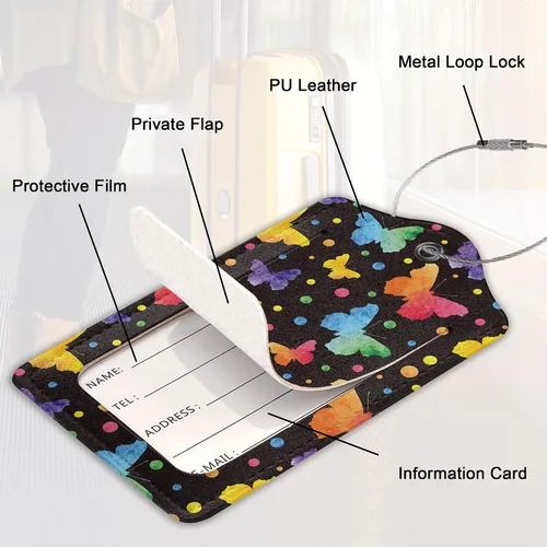 Miniatura 52 de Juego de 2 etiquetas de cuero para equipaje con diseño de mariposas y loto, cubierta de privacidad, etiqueta de maleta con lazo de acero inoxidable