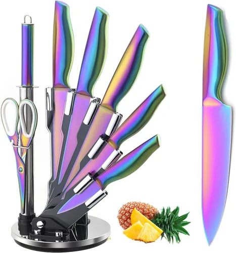 Miniatura 8 de Juego de cuchillos dorados, 8 piezas con revestimiento de titanio dorado apto para lavavajillas, juego de cuchillos de cocina de acero inoxidable