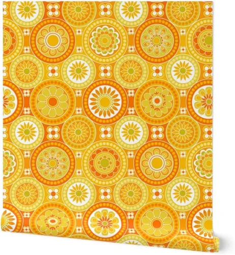 Papel tapiz para despegar y pegar, azulejos circulares, flores amarillas, retro, naranja, geométrico, de los años 70, 60, vintage, extraíble, por