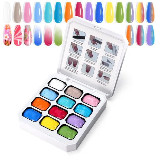 Miniatura 13 de Gel de Pintura con Degradado, 12 Colores Brillantes de Esmalte de Uñas en Gel Ombré para Uñas con Pigmento Pat Aura, Manicura Francesa DIY, Arte