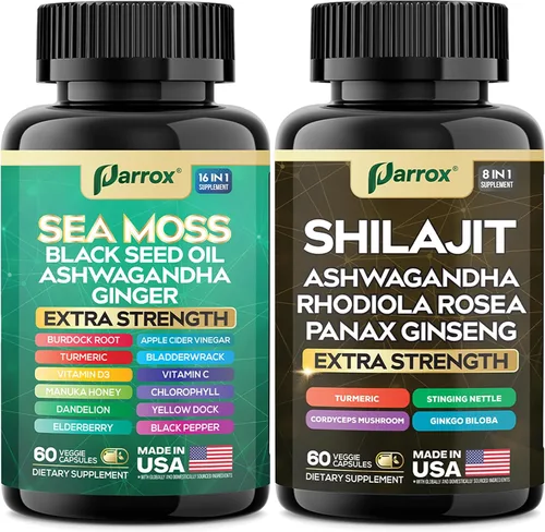 Miniatura 9 de Paquete de Shilajit y musgo marino, musgo marino 350 mg, aceite de semilla negra 200 mg, Ashwagandha 100 mg, cúrcuma, Shilajit 300 mg, Rhodiola