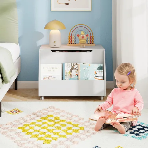 Miniatura 9 de Costzon Caja de juguetes para niños, organizador de almacenamiento de juguetes móvil de madera con estantería y ruedas con cerradura para niñas