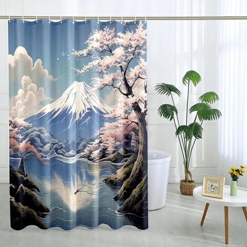 Cortina de ducha japonesa Fuji Mountain de cerezo asiático, cortina de ducha con diseño de anime, decoración de baño, tela de poliéster, 62 x 72 Azul