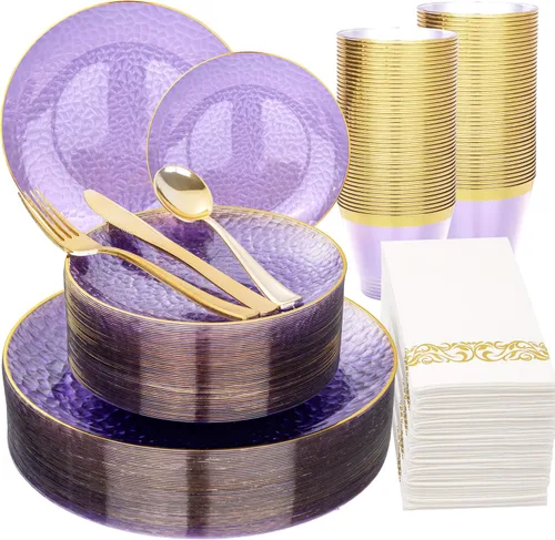 Miniatura 16 de DaYammi Juego de vajilla de plástico dorado transparente de 175 piezas, platos de plástico desechables martillados desechables para fiestas