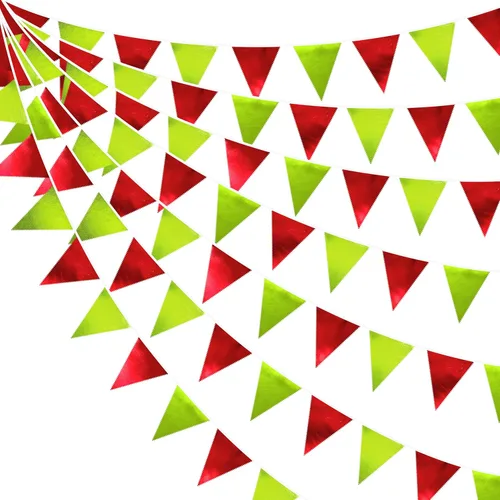 Miniatura 62 de Decoración de fiesta iridiscente de 33 pies, tela holográfica, banderín triangular, banderín de algodón, guirnalda de banderines para cumpleaños