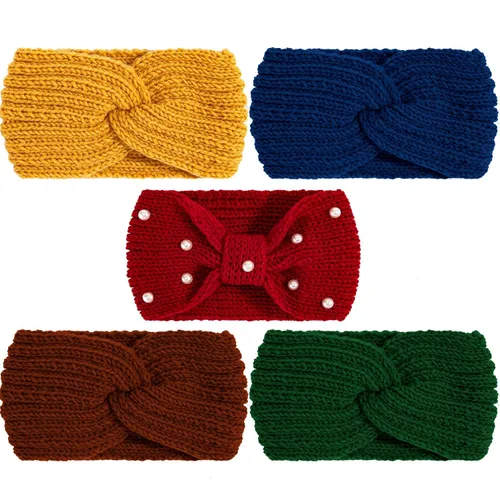 Miniatura 9 de Whaline - 5 diademas tejidas de invierno, diademas mullidas tejidas, 4 envolturas de turbante elásticas y 1 banda de pelo de ganchillo de perla