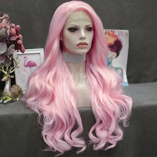 Miniatura 2 de IMSTYLE Peluca sintética larga y ondulada con encaje frontal rosa para mujer, línea capilar natural, para fiesta de cosplay, Halloween, resistente
