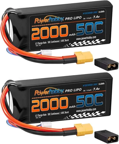Miniatura 2 de Powerhobby 2s 7.4v 2000mah 50c Lipo Batería w XT60 Plug + Adaptador (2) Compatible con: Traxxas 1/16 E-Revo Slash Rally Summit