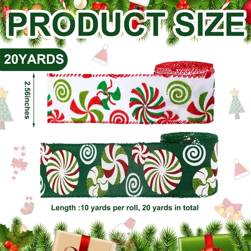 Miniatura 5 de Yinder 2 rollos de cinta de Navidad de 20 yardas, cinta roja y verde con purpurina de 2.5 pulgadas, cinta decorativa para coronas, caja de regalo