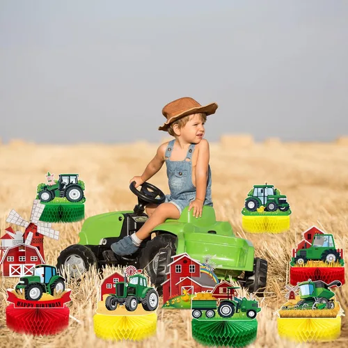 Miniatura 6 de 9 piezas de centro de mesa de nido de abeja de tractor, decoración de fiesta de cumpleaños con temática de tractor verde de granja, decoración