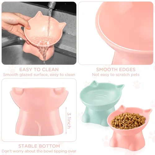 Miniatura 5 de Yaomiao 2 cuencos elevados de plástico para gatos, cuencos elevados de agua para alimentos para mascotas pequeñas (rosa, verde)