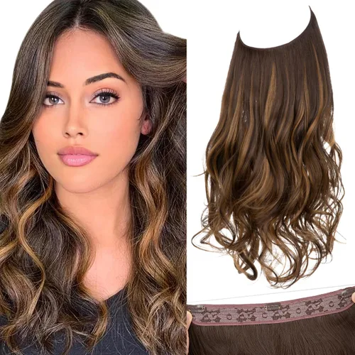 Miniatura 10 de SARLA Extensiones de cabello con alambre invisible con 3 clips, postizo sintético corto, ondulado, rizado, diadema ajustable transparente