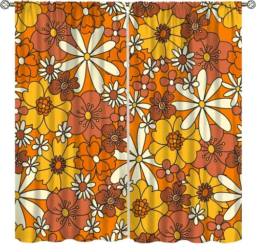 Cortinas vintage de los años 60 y 70, tratamiento de ventana hippie naranja, cortina floral retro para ventana de cocina para dormitorio, sala de