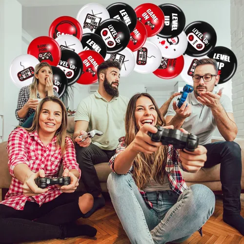 Miniatura 7 de Aoriher 36 globos de videojuegos, globos temáticos de látex negro de 12 pulgadas, decoraciones para adolescentes, juegos nocturnos, suministros
