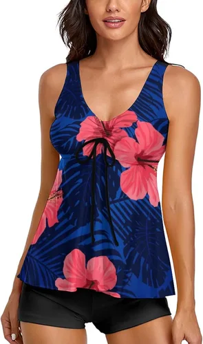 Traje de baño vintage tipo tankini para mujer, con diseño de bandera estadounidense, de dos piezas, con control de abdomen, con pantalones cortos