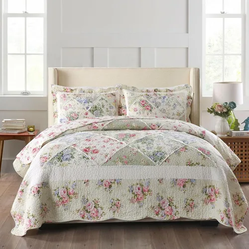 Miniatura 12 de ABREEZE Juego de edredón acolchado de algodón con diseño de retazos florales de rosas moradas, juego de colcha rústica de 3 piezas Rosa morada