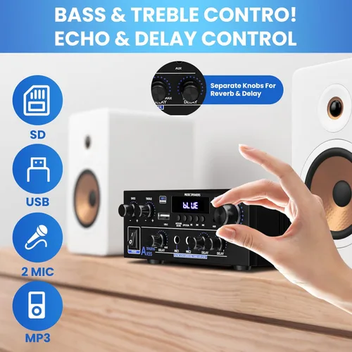 Miniatura 6 de Amplificador estéreo de audio para el hogar de 1000 W, amplificador Bluetooth 5.3 para dos altavoces de 50 W x2 de aproximadamente 8 pulgadas