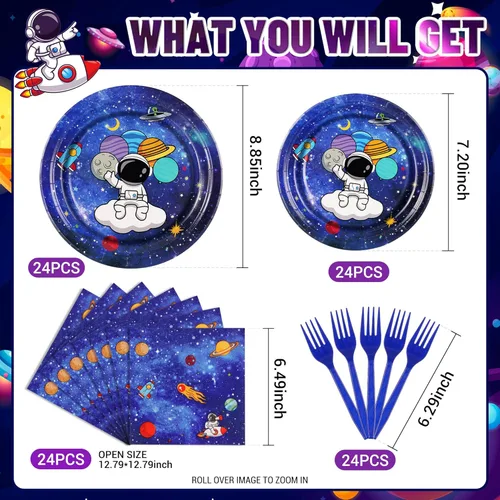 Miniatura 2 de SCIONE Juego de 96 piezas de decoración de fiesta de cumpleaños temática espacial para 24 invitados, incluye 24 platos de 9 pulgadas, 24 platos de 7