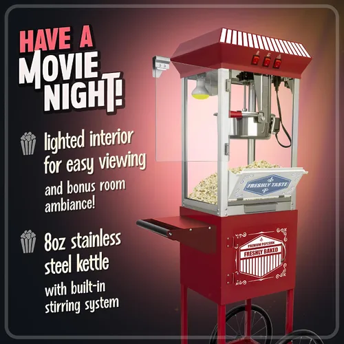 Miniatura 2 de Máquina de palomitas de maíz de estilo vintage sobre ruedas con hervidor de 12 onzas, dispensador de grado comercial de 850 W con vidrio templado