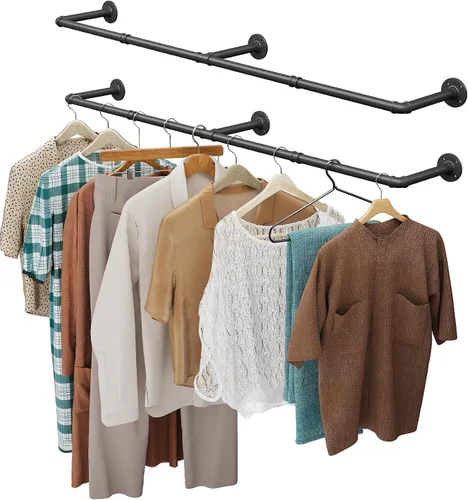 Miniatura 10 de OROPY Perchero de ropa, 166.9 cm de tubo industrial para colgar ropa, perchero de ropa montado en la pared, resistente y que ahorra espacio